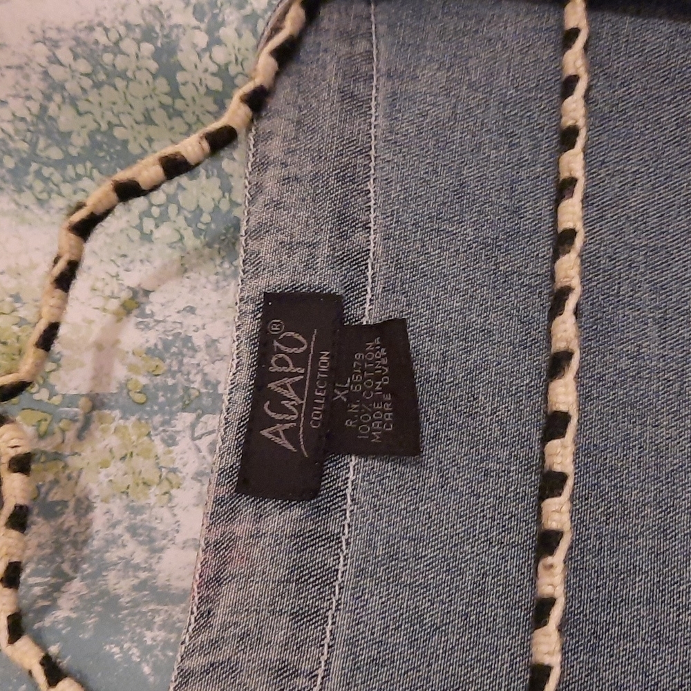 Agape denim button up boho shirt jacket short sleeve multi colored trim sz xl - Picture 4 of 7